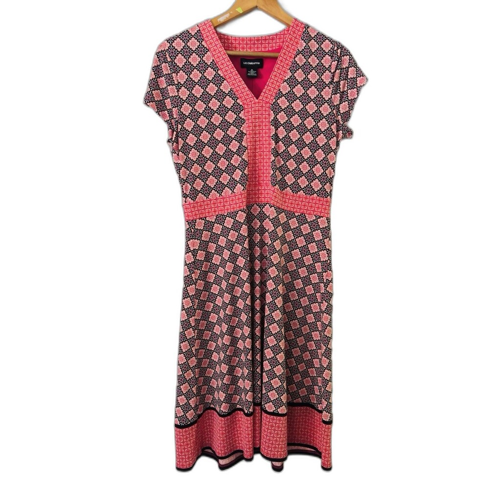 Liz Claiborne Geometric A-Line Dress  M V-Neck Pink Diamond Art Deco Career Work